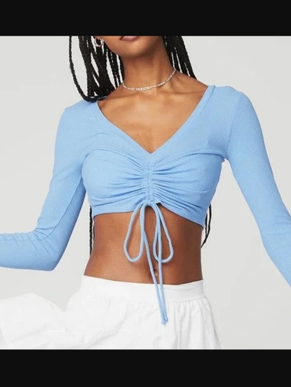 Alo Yoga Women’s Ribbed Knit Cinched Long Sleeve V-Neck Crop Top